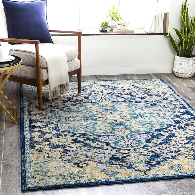 Livabliss Area Rugs - 5x7 Odelia Vintage Boho Blue Aqua Slate Area Rug for Living Room Bedroom - Floral Medallion Stain Resistant Carpet for Kitchen, Nursery, Office (5'3" x 7'3")