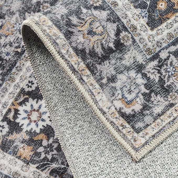 HUGEAR 4x6 Machine Washable Rugs Black Grey Hallway Area Rug Indoor Accent Rug Floral Low Pile Carpet Soft Throw Rug Bedroom Living Room Office Dining Room Kitchen Laundry Room Non Slip