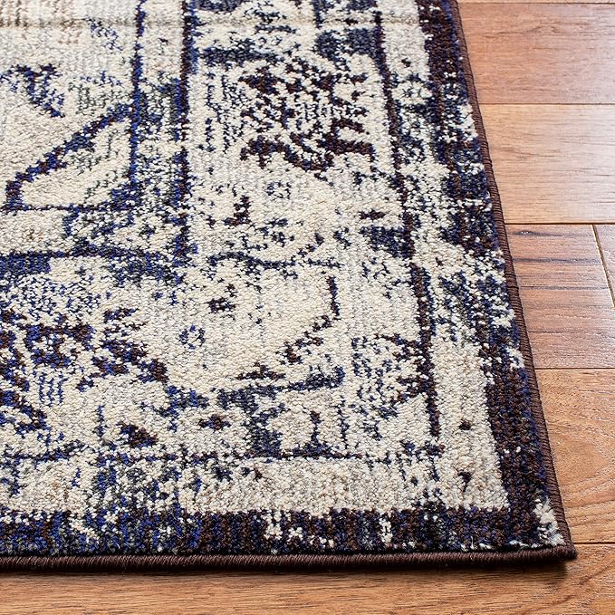 SAFAVIEH Monaco Collection Area Rug - 5'1" x 7'7", Ivory & Navy, Boho Chic Medallion Distressed Design, Non-Shedding & Easy Care, Ideal for High Traffic Areas in Living Room, Bedroom (MNC243C)