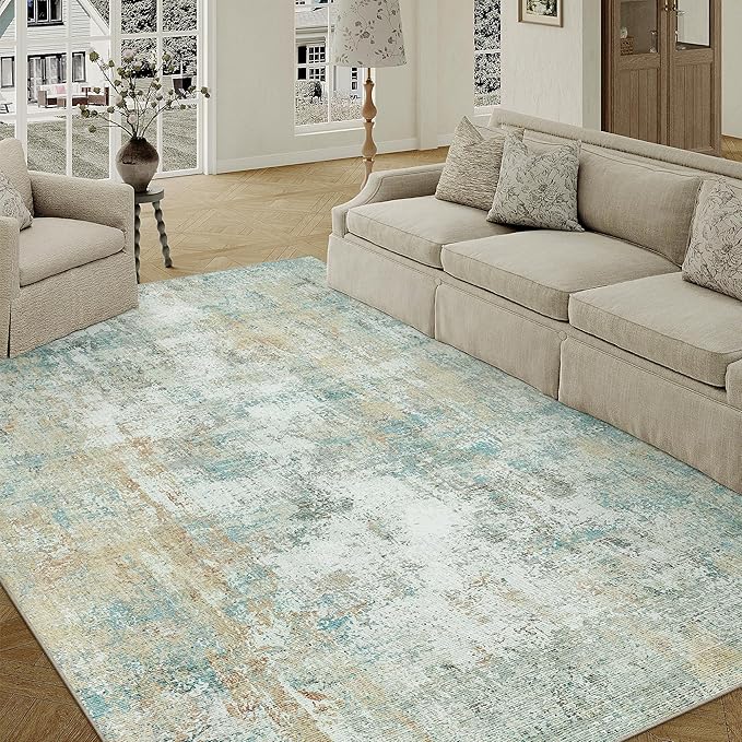 5x7 Washable Area Rug Teal Beige Abstract Living Room Bedroom Carpet Neutral Modern Non-Slip Soft Low Pile Lightweight Vacuumable Throw Rug for Dining Room Entryway