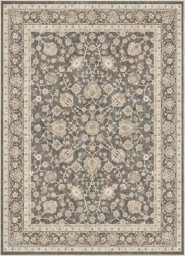 Well Woven Asha Rome Charcoal Brown 6' x 9' Area Rug - Oriental Floral Pattern, Easy Clean, Floor-Friendly Backing - for Living Room, Bedroom, and Dining Room