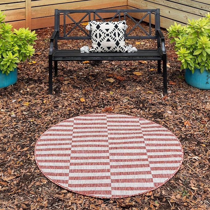 Unique Loom Outdoor Collection Classic Stripes, Transitional Indoor & Outdoor Area Rug, Rectangular 4' 0" x 4' 0", Red/Ivory