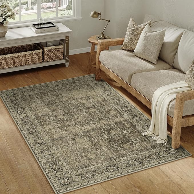 Vintage Area Rug 3x5 Light Brown Bedroom Indoor Kitchen Washable Living Room Carpet Tribal Distressed Retro Accent Throw Rug for Office Dining Room Bathroom Faux Wool