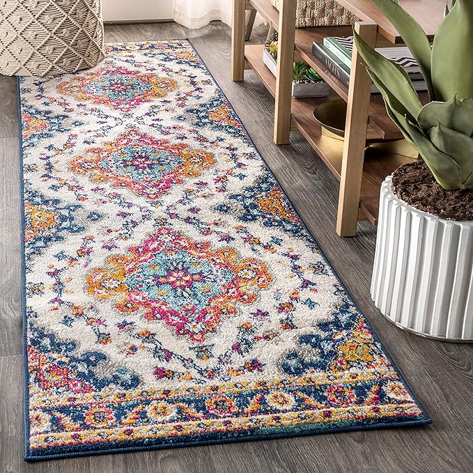 JONATHAN Y Boho Vintage Blue/Multi Runner Rug, 2x8, Bohemian Flair Medallion, Floral Easy-Cleaning High Traffic for Living Room, Bedroom, Kitchen, Pet-Friendly, Non Shedding (BMF106A-28)