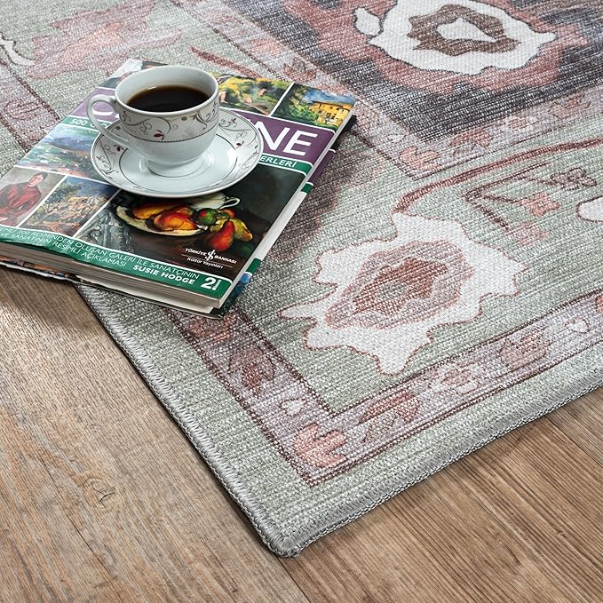 Fame Living Green Oushak Rug, Modern, Vintage, Turkish, Eclectic, Floral, Pastel, Washable, Large Area Rugs for Living Room, Dining, Bedroom, Girls, Boys, 7'5"x9'8"