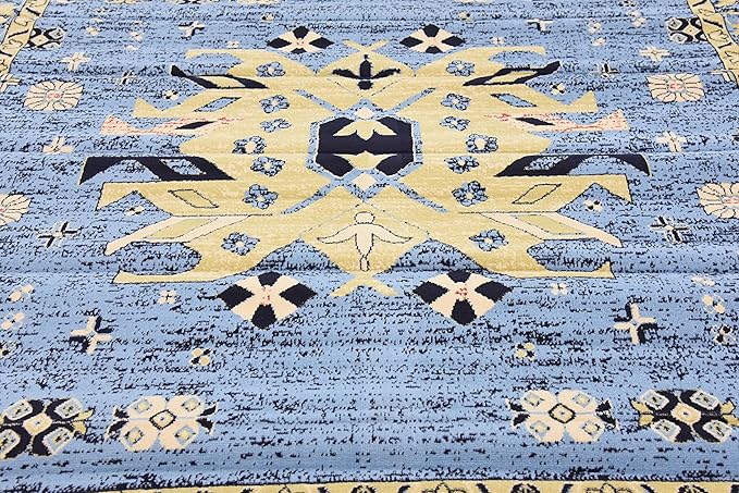 Unique Loom Taftan Collection Border Geometric Tribal Inspired Design Area Rug, 8 ft, Light Blue/Gold