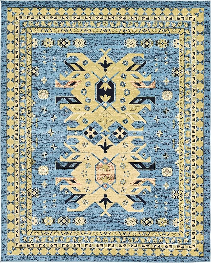 Unique Loom Taftan Collection Border Geometric Tribal Inspired Design Area Rug (8' 0 x 10' 0 Rectangular, Light Blue/ Gold)
