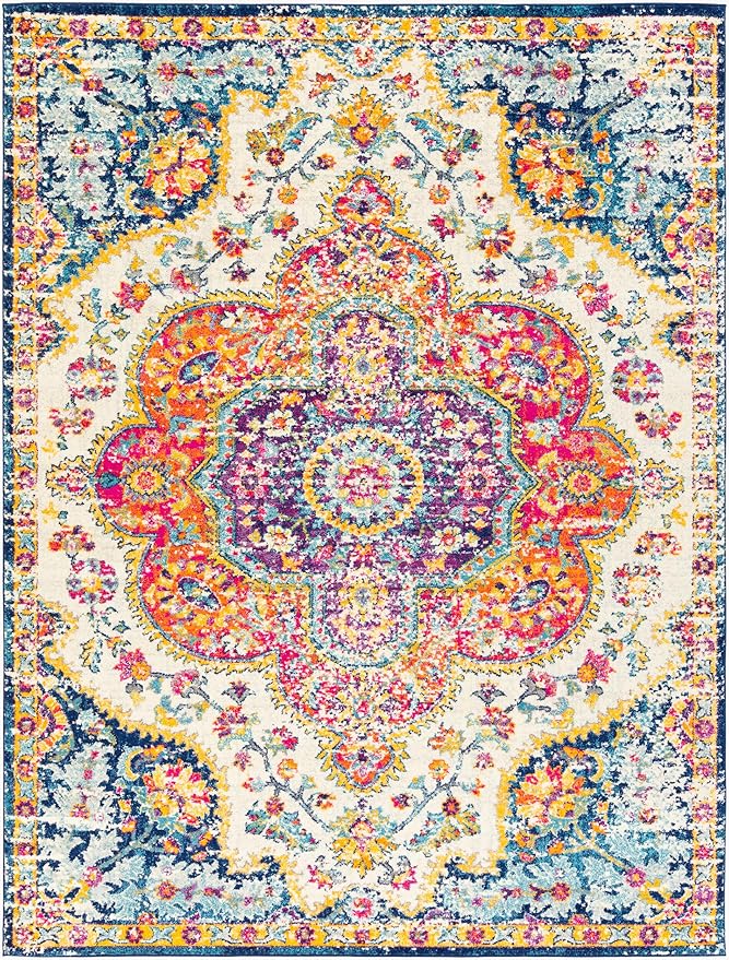 Livabliss Area Rugs - 5x7 Romaine Vintage Boho Fuchsia Mustard Blue Area Rug for Living Room Bedroom - Floral Medallion Stain Resistant Carpet for Kitchen, Nursery, Office (5'3" x 7'6")