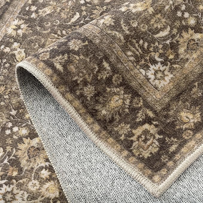 HUGEAR Round Rug 6ft Entryway Rugs Machine Washable Brown Hallway Area Rug 6x6 Large Circle Accent Rug Floral Low Pile Carpet Soft Throw Rug Living Room Office Laundry Room Entrance Non Slip