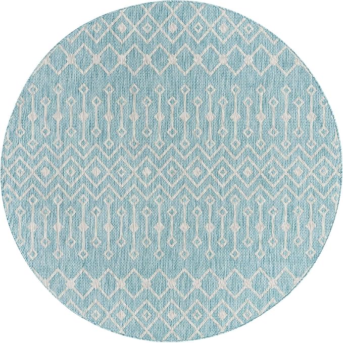 Unique Loom Outdoor Trellis Collection Area Rug - Tribal Trellis (7' 10" Round, Aqua/ Ivory)
