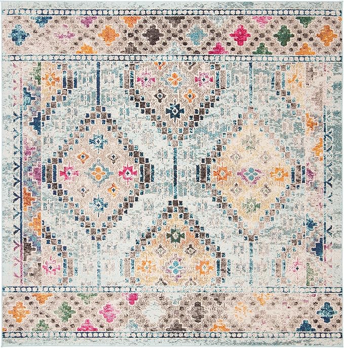 SAFAVIEH Madison Collection Area Rug - 3' Square, Blue & Yellow, Boho Diamond Distressed Design, Non-Shedding & Easy Care, Ideal for High Traffic Areas in Living Room, Bedroom (MAD418K)