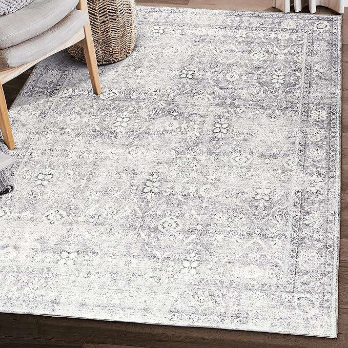 ReaLife Rugs Machine Washable Area Rug - Living Room Bedroom Bathroom Kitchen Entryway Office - Padded Low Pile Stain Resistant Premium - Boho Farmhouse Vintage - Noor - Silver Ivory 5' x 7'