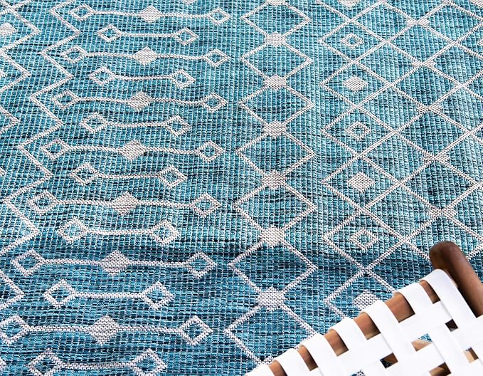 Unique Loom Outdoor Trellis Collection Area Rug - Tribal Trellis (9' x 12' Rectangle, Teal/ Ivory)