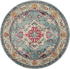 SAFAVIEH Monaco Collection Area Rug - 11' Round, Light Blue & Fuchsia, Boho Chic Medallion Distressed Design, Non-Shedding & Easy Care, Ideal for High Traffic Areas in Living Room, Bedroom (MNC243J)