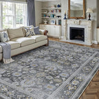 HUGEAR 6x9 Area Rug Black Vintage Machine Washable Living Room Retro Rugs Distressed Floral Vacuumable Low Pile Carpet Bedroom Office Dining Room Laundry Room Non Slip Soft Lightweight