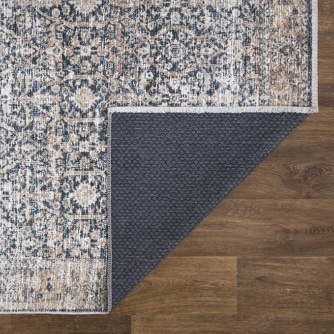 Bloom Rugs Caria Washable Non-Slip 4x6 Rug - Dark Blue/Tan Traditional Area Rug for Living Room, Bedroom, Dining Room, and Kitchen - Exact Size: 4' x 6'