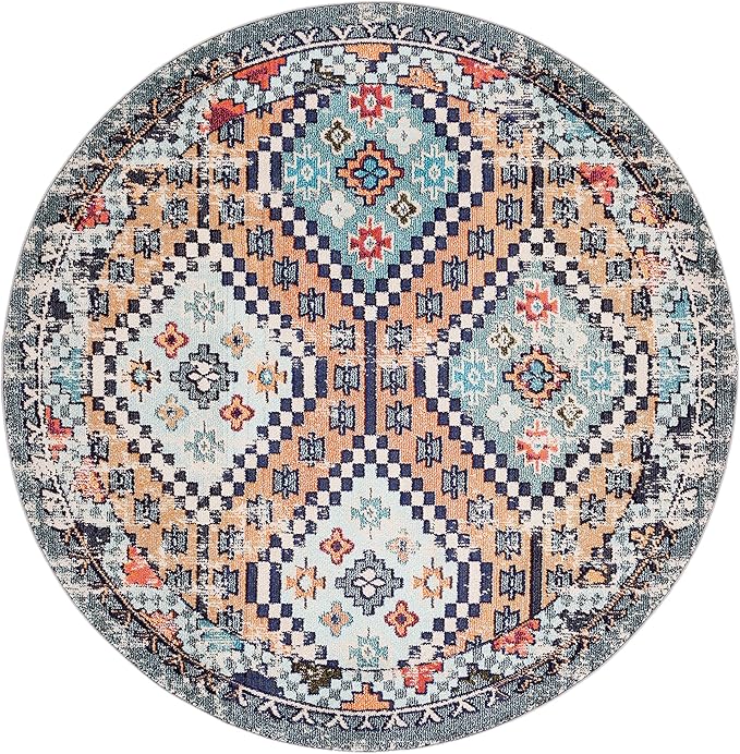 SAFAVIEH Madison Collection 6'7" Round Orange/Beige MAD418P Boho Diamond Distressed Non-Shedding Entryway Foyer Living Room Bedroom Kitchen Area Rug