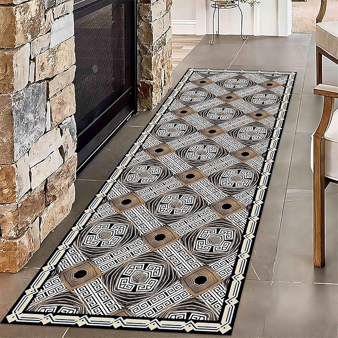Abstract Black White Geometric Runner Rug, 2x8ft, Luxury Greek Key Rugs for Home Decorative, Greek Spiral Texture Home Decor Non Slip Rugs, Washable Soft Reduce Noise Mat for Bedroom