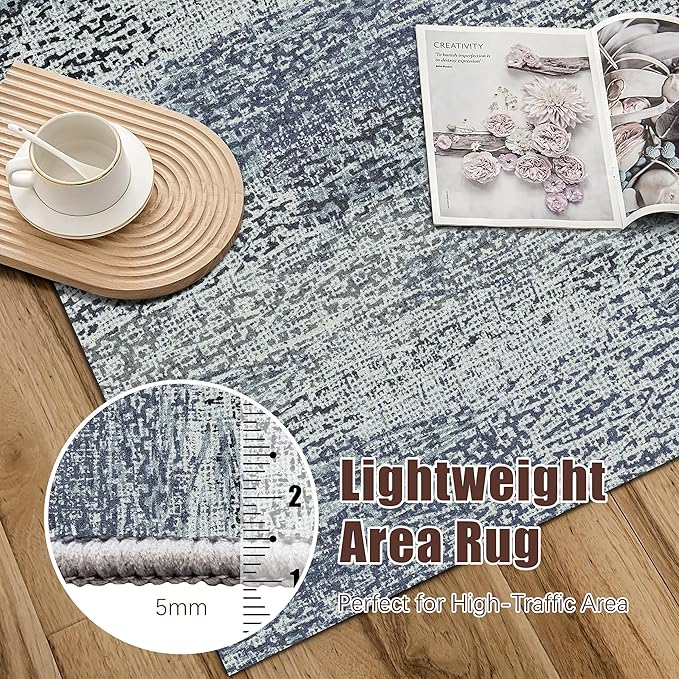 RUGSURE Washable Area Rug - 1/6 Thick - Stain & Water Resistant Non-Slip - Resistant Rug for Living Room, Bedroom, Nursery, Pet & Child Friendly, Vintage Charm Area Rugs (Grey+LightTeal, 3' x 5 ')