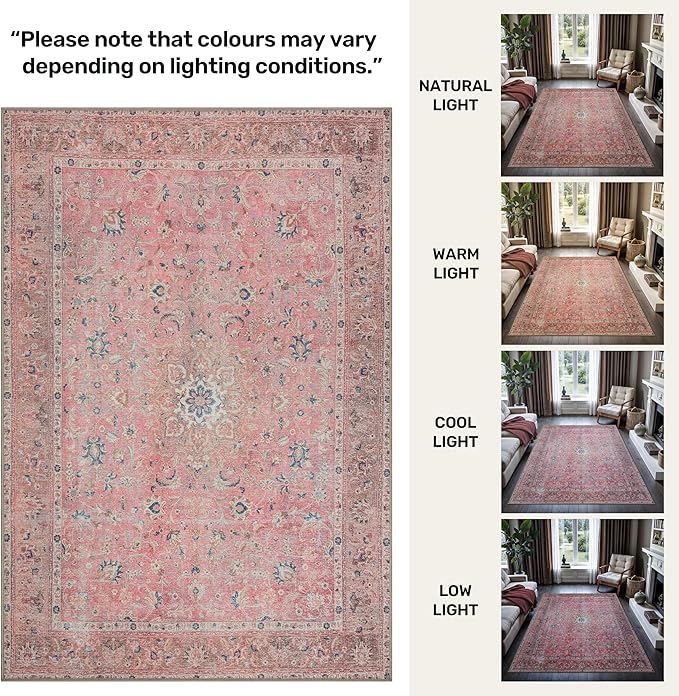GLN Rugs Traditional Collection - Machine Washable Area Rug, Traditional Washable, Non Slip, Low Pile Chenille Rug, Living Room, Bedroom, Kitchen Rug (9' x 12' Pink/Cream)