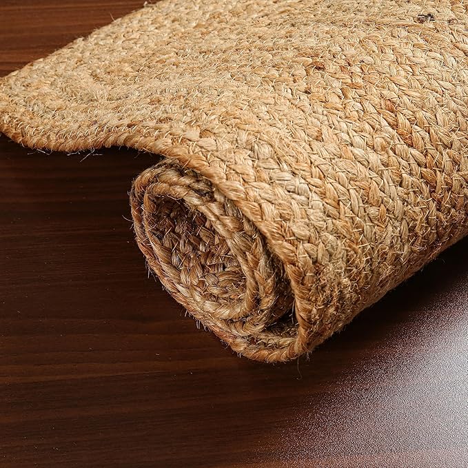 Hand Woven Farmhouse Jute Area Rug 6x9 Ft Rectuangle Natural Yarn, Rustic Vintage Beige Braided Reversible Rug, Eco Friendly Rugs for Bedroom, Kitchen, Living Room, Farmhouse 100% Jute Rug - Natural