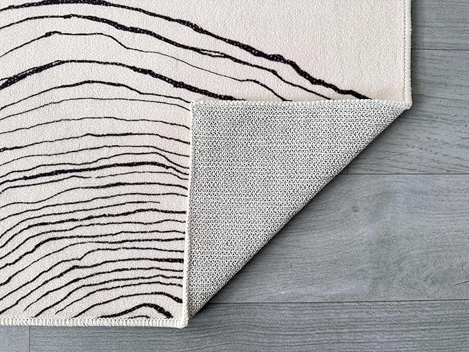 GLN Rugs Contemporary Collection - Machine Washable Area Rug, Contemporary Washable, Non Slip, Low Pile Chenille Rug, Living Room, Bedroom, Kitchen Rug (2' x 3' Beige Black)