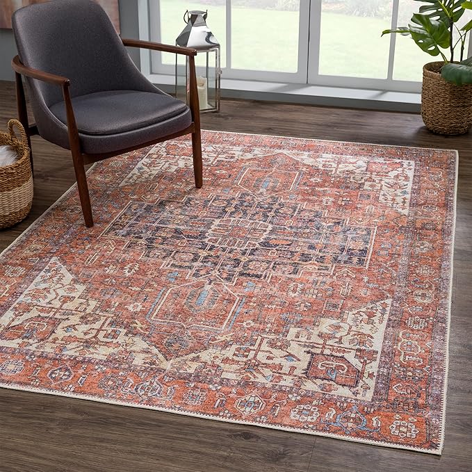 Bloom Rugs Washable 4' x 6' Rug - Red/Orange/Beige Traditional Area Rug for Living Room, Bedroom, Dining Room, and Kitchen - Exact Size: 4' x 6'