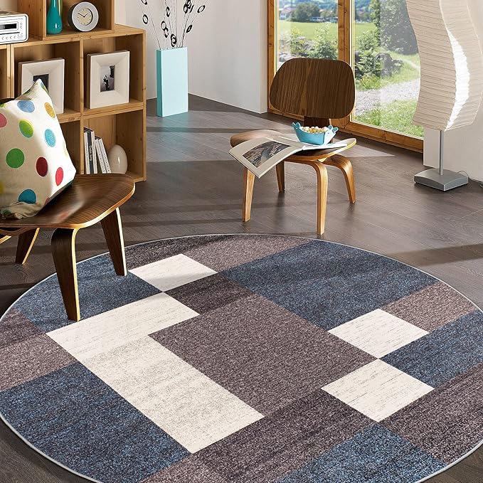 Rugshop Modern Boxes Design Non-Slip (Non-Skid) Round Area Rug for Living Room, Entryway,Kitchen,Breakfast Nook 8' Blue