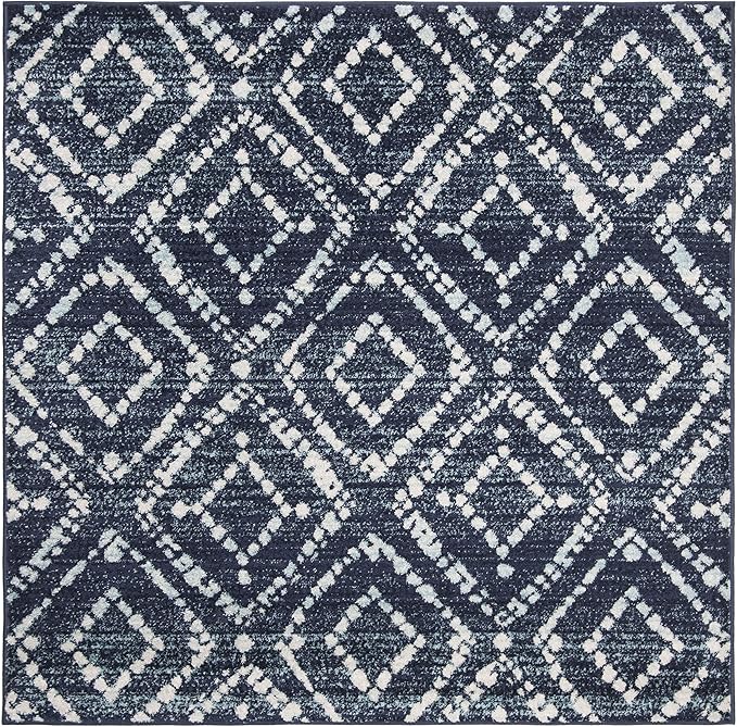SAFAVIEH Adirondack Collection Area Rug - 8' Square, Navy & Ivory, Modern Diamond Distressed Design, Non-Shedding & Easy Care, Ideal for High Traffic Areas in Living Room, Bedroom (ADR131N)