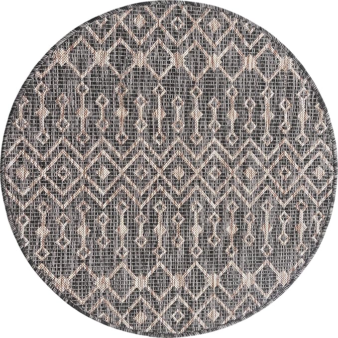 Unique Loom Outdoor Trellis Collection Area Rug - Tribal Trellis (3' 3" Round, Charcoal Gray/ Natural)