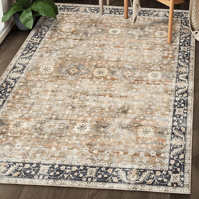 ReaLife Rugs Machine Washable Area Rug - Living Room Bedroom Bathroom Kitchen Entryway Office - Padded Low Pile Stain Resistant Premium - Boho Farmhouse Vintage - BEV - Beige Tan Brown 4' x 6'