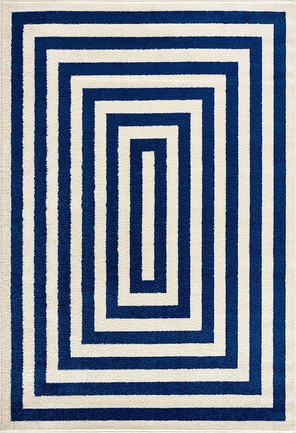 Abani Contemporary Blue & Ivory 6'x9' Area Rug, Contrasting Geometric Modern Stripe Symmetrical Living Room Carpet Rugs