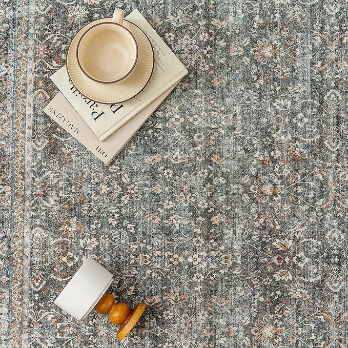 Runner Rug 2x6 Gray Hallway Washable Kitchen Vintage Carpet Non Slip Long Indoor Bedroom Retro Traditional Grey Accent Throw Rug for Bathroom Office Entryway Laundry Dining