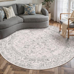 Grey Round Area Rug 5ft Entryway Door Mat Small Circle 5x5 Kitchen Vintage Carpet Non Slip Indoor Bedroom Washable Distressed Floral Retro Accent Throw Rug Office Bathroom