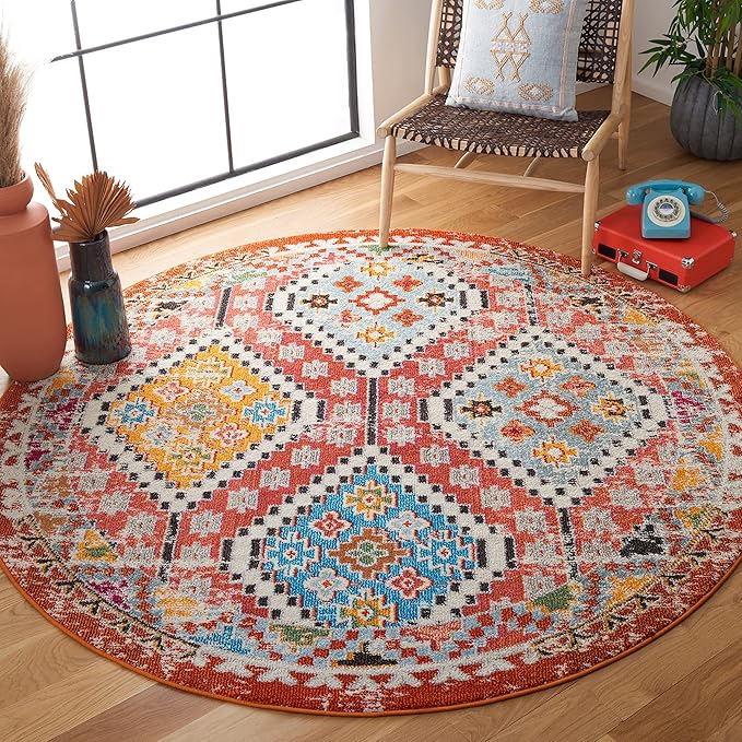 SAFAVIEH Madison Collection 6'7" Round Rust/Pink MAD418Q Boho Diamond Distressed Non-Shedding Entryway Foyer Living Room Bedroom Kitchen Area Rug