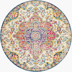 Livabliss Area Rugs - 8ft Round Romaine Vintage Boho Fuchsia Mustard Blue Round Area Rug for Living Room Bedroom - Floral Medallion Stain Resistant Carpet for Kitchen, Nursery, Office (7'10" Round)