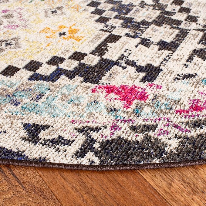 SAFAVIEH Madison Collection Area Rug - 6'7" Round, Black & Yellow, Boho Diamond Distressed Design, Non-Shedding & Easy Care, Ideal for High Traffic Areas in Living Room, Bedroom (MAD418Z)
