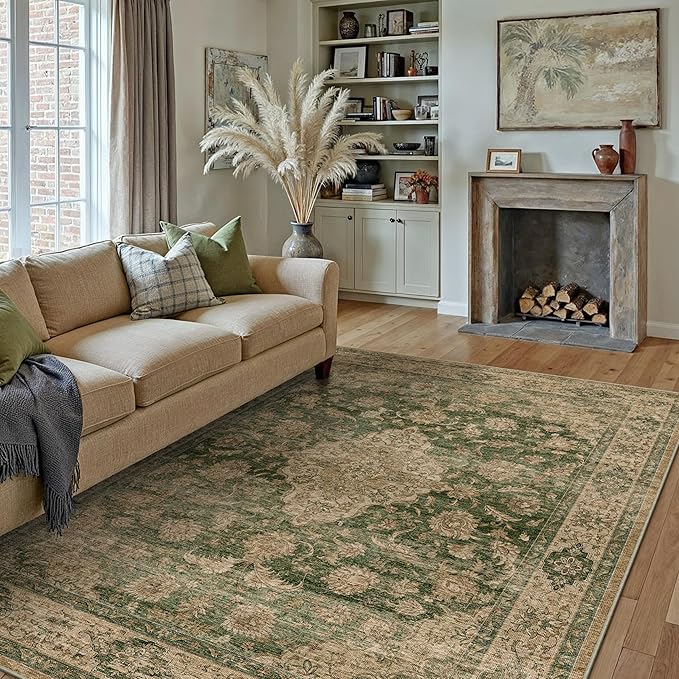 HUGEAR Retro Green Area Rug 9x12 Machine Washable Living Room Rugs Distressed Vintage Floral Low Pile Carpet Bedroom Office Dining Room Laundry Room Non Slip Soft Lightweight
