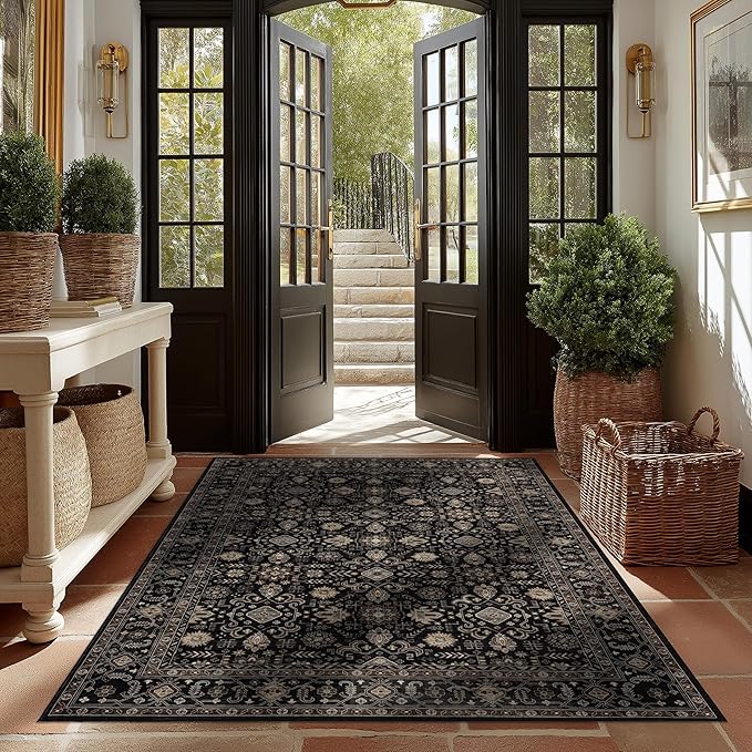 Area Rug Non Slip Machine Washable Ultra Soft Living Room/Bedroom/Kitchen/Outdoor/Classroom Black Gold, 4'×6'