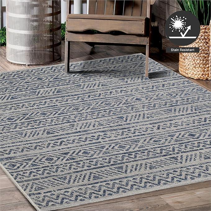 FH Home Flat Woven Outdoor Rug - Waterproof, Easy to Clean, Stain Resistant - Premium Polypropylene Yarn - Striped Boho - Patio, Porch, Deck, Balcony - Amman - Blue - 5ft 2in x 7ft 6in