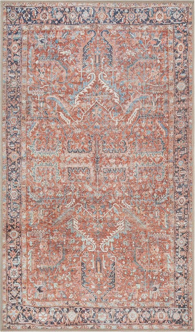 GLN Rugs Traditional Collection - Machine Washable Area Rug, Traditional Washable, Non Slip, Low Pile Chenille Rug, Living Room, Bedroom, Kitchen Rug (4' x 6' Terra/Multicolor 1168)