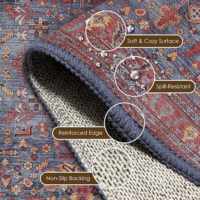 Washable Area Rug 2'6'' x 8' Vintage Traditional Persian Mat - Foldable Distressed Non-Slip Machine Washable Carpet for Living Room Bedroom Kitchen Home Decor - Indigo and Crimson