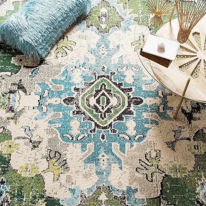 SAFAVIEH Monaco Collection X-Large Area Rug - 11' x 15', Forest Green & Light Blue, Medallion Distressed, Non-Shedding & Easy Care, Ideal for High Traffic Areas in Living Room, Bedroom (MNC243F)