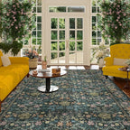 DUKINO 6x9 Rugs for Living Room, Vintage Washable Rug with Non Slip Backing, Floral Low Pile & Non-Shedding Large Area Carpets for Bedroom, Dining Room, Farmhouse, Home Office, Blue