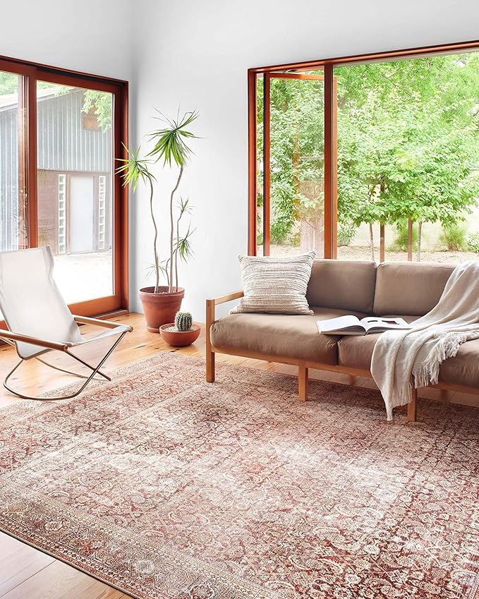 Loloi Layla Collection LAY-11 Cinnamon/Sage 2'-0" x 5'-0" .13" Thick Accent Rug, Soft, Durable, Vintage Inspired, Distressed, Low Pile, Non-Shedding, Easy Clean, Printed, Living Room Rug