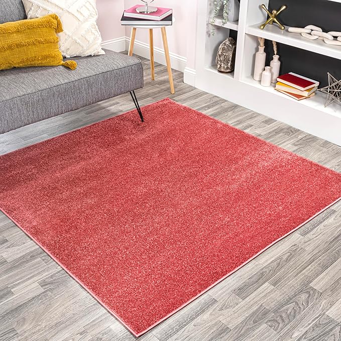 Eyely UES100E-5SQ Haze Solid Low-Pile Red 5' Square Area Rug, Pet Friendly, Stain Resistant, Easy Cleaning, for Bedroom, Living Room, Kitchen