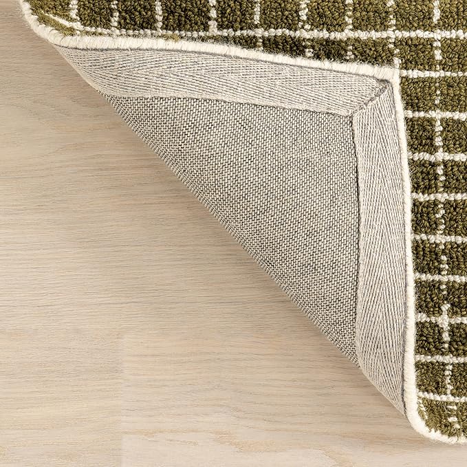 Rugs USA 2'6" x 8' Melrose Checked Wool Indoor Runner Rug, Contemporary Farmhouse Moss/Ivory for Living Room, Bedroom, Office, Entryway, Hallway