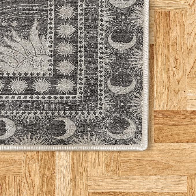 Ambesonne Sun and Moon Decorative Rug, Bohemian Artwork Design of Crescent Solar Ornament Esoteric Stars Ornaments, Quality Carpet for Bedroom Dorm and Living Room, 4' X 5' 5", Dark Taupe