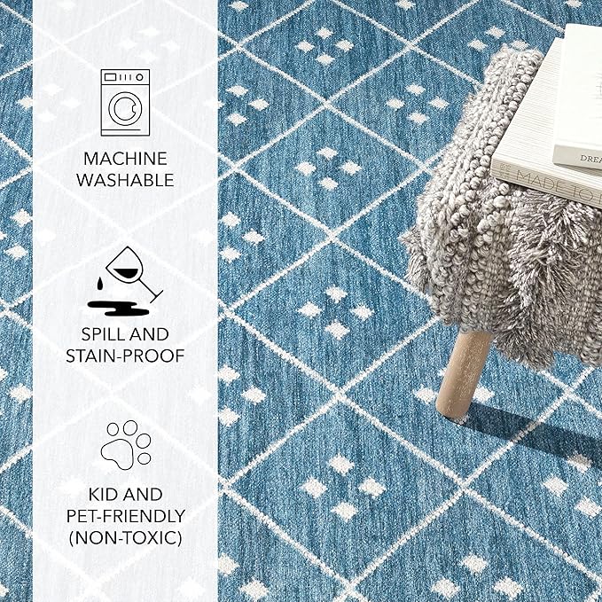 Dash and Albert Kota Machine Washable Area Rug - 6' x 9' Indigo - Diamond Accent Rug - Anti-Slip Backing, Lightweight, Machine Washable, High Traffic Areas Kitchen, Mudroom, Laundry Room