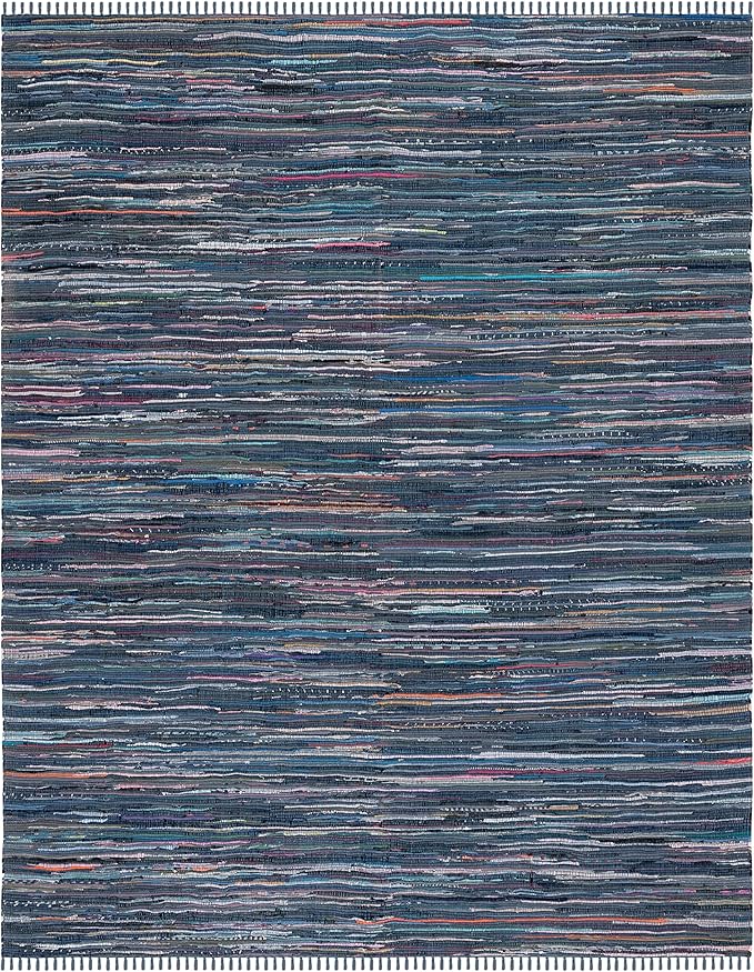 SAFAVIEH Rag Rug Collection Area Rug - 9' x 12', Ink & Multi, Handmade Boho Stripe Cotton, Ideal for High Traffic Areas in Living Room, Bedroom (RAR121C)